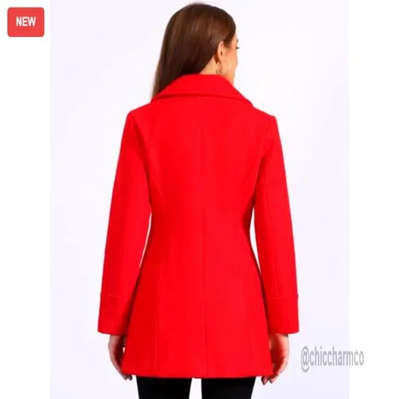 Women's Wool Pea Coat Notched Collar Single Breasted Winter Outerwear